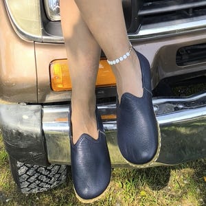 Women&#39;s Horizon Navy Blue Wide Toe Box Comfort Shoes, Natural Leather, Authentic Barefoot House Shoes, Traditional Gift, Zero Drop Slip-Ons