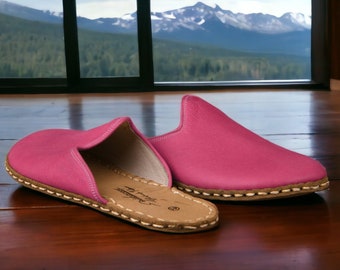 Men's Wide Toe Box Pink Color Flat Genuine Leather Slippers, Barefoot House Slippers, Comfortable Wide House Shoes. Unique Gift for Men
