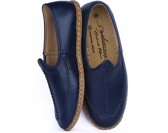 Heritage, Unisex Genuine Leather , Navy Blue Color , Stitch Pattern Flat  traditional Yemeni Shoes ,  Anatolian Slip Ons, Leather Loafer