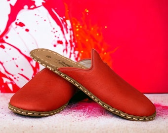 Men's Wide Toe Box Genuine Leather Flat Slippers, Red Color, Barefoot House Shoes, Comfortable Wide Slippers. Unique Shoes Gift for Men