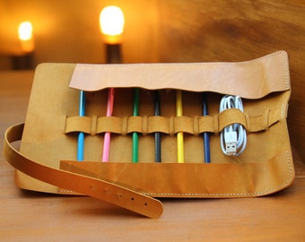 Leather Roll-Up Mustard Yellow Personalized Pen & Brush Roll Case, Handcrafted Item Organizer With Your Name On It, Unique Handcrafted Gift