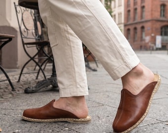 Pantoufles en cuir pour hommes, chaussures yéménites marron plates confortables en cuir véritable