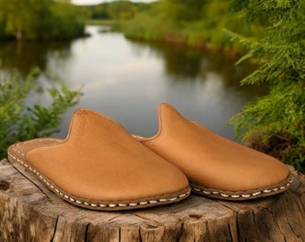 Men's Handmade Leather Slippers: Wide Toe Box, Tan Brown House Shoes