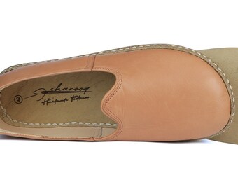 Unisex Made To Order Flat Leather Tan Color Wide Toe Box Shoes, Traditional Barefoot House Shoes, Authentic, Unique Gift, Anatolian Yemeni
