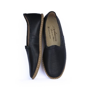 Heritage Women's  Flat Natural Patterned Leather Black Traditional Shoes, Comfortable Anatolian Turkish Yemeni Shoes, Authentic Style Loafer