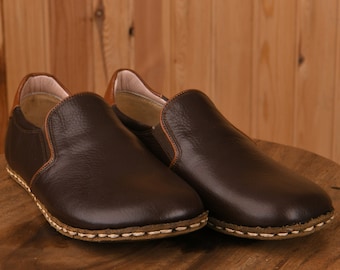 Men&#39;s Natural Leather Casual Wide Toe Box Brown Flat Shoes, Barefoot Comfy Shoes, Authentic & Comfy Slip-Ons, Traditional Gift, MTO Loafer