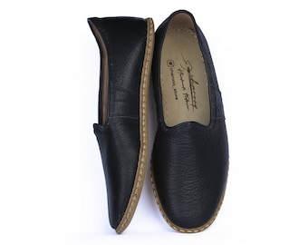 Heritage Women&#39;s  Flat Natural Patterned Leather Black Traditional Shoes, Comfortable Anatolian Turkish Yemeni Shoes, Authentic Style Loafer