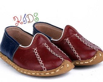 Kinder - Kinder Blau und Rot, Flach, Weiß Stich gemustert, Flach Naturleder Traditionelle Anatolische Slips auf, Handgefertigte Leder Loafer