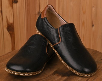 Men&#39;s Natural Leather Casual Wide Toe Box Black Flat Shoes, Barefoot House Shoes, Authentic & Comfy Slip-Ons, Traditional Gift, MTO Loafer