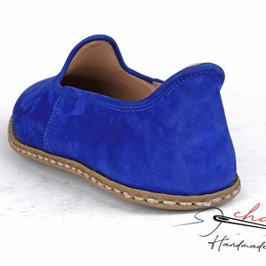 Men's Suede Leather, Comfort, Cobalt Blue Color House Shoes, Nubuck Flat Shoes traditional Yemeni, Fashionable Slip ons, Handmade Loafer image 2
