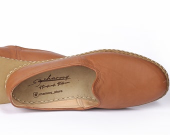Comfortabele Turkse Jemenitische damesschoenen, lichtbruine platte loafer van natuurlijk leer, reisschoenen