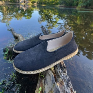 Women&#39;s Barefoot Black Nubuck Comfort Shoes, Authentic House Shoes, Wide Toe Box  Authentic Gift, Made To Order Loafer, Anatolian Slip-On