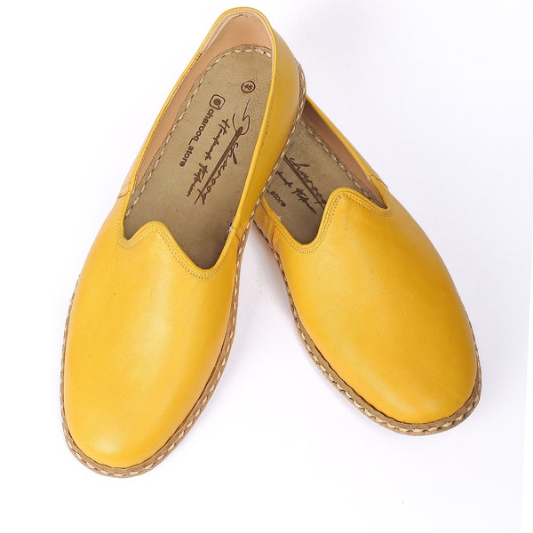 Men's Flat Leather House Shoes, Canary Yellow Color, Stylish Handmade traditional Yemeni, Fashionable Anatolian Slip Ons, Leather Loafer