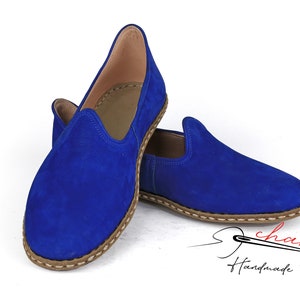 Men's Suede Leather, Comfort, Cobalt Blue Color House Shoes, Nubuck Flat Shoes traditional Yemeni, Fashionable Slip ons, Handmade Loafer image 4