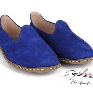 Men's Suede Leather, Comfort, Cobalt Blue Color House Shoes, Nubuck Flat Shoes traditional Yemeni, Fashionable Slip ons, Handmade Loafer image 1