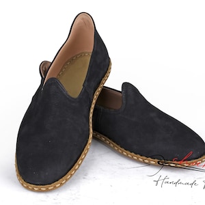 Heritage Men's Comfort Flat Nubuck Leather Shoes,  Dark Navy Blue Color Loafer, Turkish Yemeni Shoes, Zero Drop Loafer, MTO Leather Slip ons