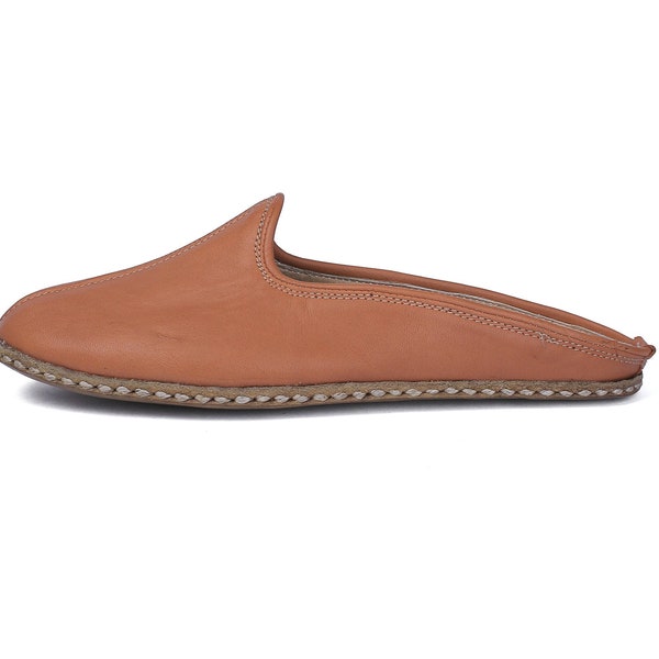 Women's Comfort Flat Natural Leather Half Shoes, Authentic Slippers , Tan Color,  Made To Order Yemeni Shoes,  Anatolian Slips on