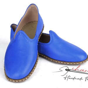 Pu&ograve; includere: Un paio di pantofole in pelle blu con un bordo cucito marrone. Le pantofole sono fatte a mano e hanno una punta a punta.