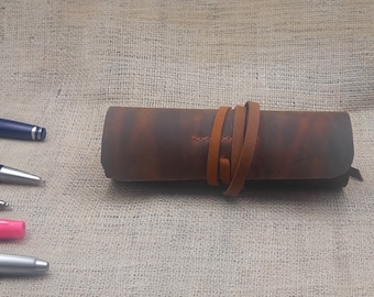 Personalized Brown Leather item Roll Case, Handcrafted Roll-Up Pencil Case, Customized Item Roll Pouch, Unique Gift for Couple, Family