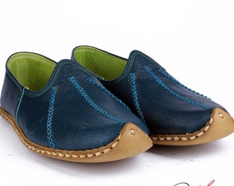 Genuine Leather Stylish Flat, Blue Color Stitch Pattern Comfort House Shoes , Natural Leather Anatolian Slips on, Gift for Family Loafer