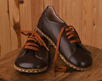 Women's Wide Toe Box Brown Comfy Lace-Up Shoes, Natural Leather, Handcrafted, Authentic Barefoot Shoes,  Flat stylish Couple MTO Unique Gift