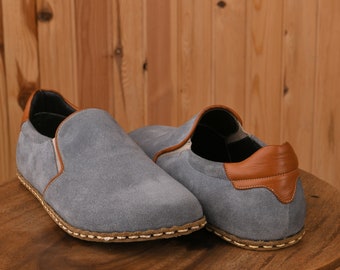 Flat Wide Toe Box Genuine Leather Nubuck Gray Shoes, Natural Leather Comfy Slip-Ons, Barefoot Authentic, Traditional  Gift, MTO Loafer Gift