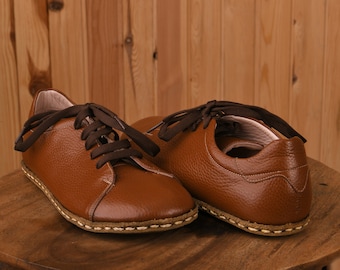 Genuine Leather Flat Wide Toe Box Caramel Brown Lace-Up Shoes, Stylish Barefoot, Authentic, Comfortable Shoes, Made to Order Unique Footwear