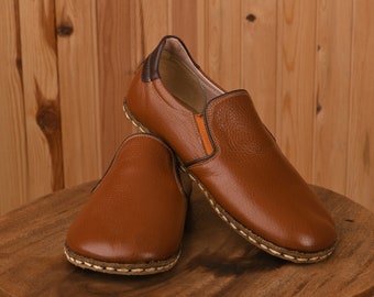 Men's Natural Leather Casual Wide Toe Box Caramel Brown Flat Shoes