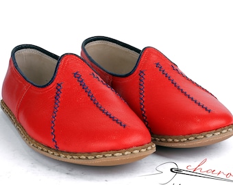 Genuine Leather Comfort Leather Flat Shoes, Authentic House Shoes , Red Color, Blue stitch pattern Slip on, Stylish Gift for Men For Women