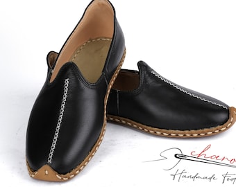 Chaussures confortables en cuir pour hommes, chaussures plates de la maison, couleur noire, mocassins yéménites à motif simple, mocassins anatoliens, chaussons en cuir