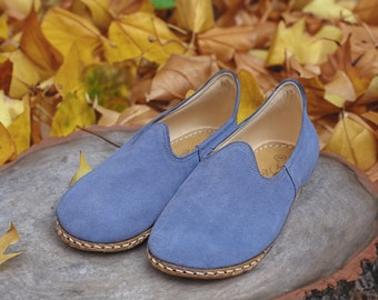 Women's Comfy Wide Toe Box Nubuck Blue Authentic Shoes Gift, Barefoot Style Footwear
