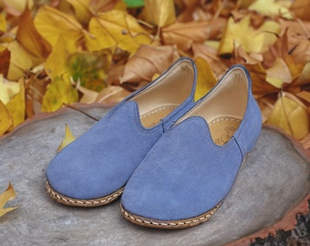 Women's Comfy Wide Toe Box Nubuck Sky Blue Leather Comfy Shoes, Flat Authentic Barefoot House Shoes, Traditional  Gift, Made To Order Loafer