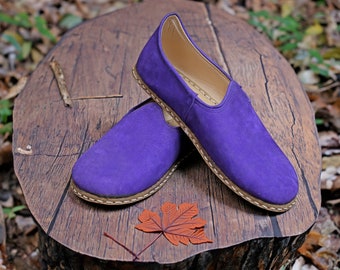 Nubuck Leather Handcrafted Flat Wide Toe box House Shoes, Comfort Flat Barefoot Loafer, Authentic Violet  Unique Gift Man and Woman Slip-Ons