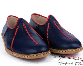 Genuine Leather Stylish Flat, Handcrafted Shoes, Royal Blue Color, Red stitch pattern  traditional House Shoes , Leather Gift for Men, Women