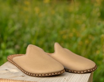 Men's Wide Toe Box Flat Genuine Leather Slippers, Natural Color, Barefoot House Shoes, Comfortable Wide Slippers. Unique Shoes Gift for Men
