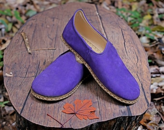 Women's Flat Wide Toe Box Nubuck Leather Comfy Shoes, Violet Color Authentic Barefoot House Shoes, Traditional  Gift, Made To Order Slip-Ons