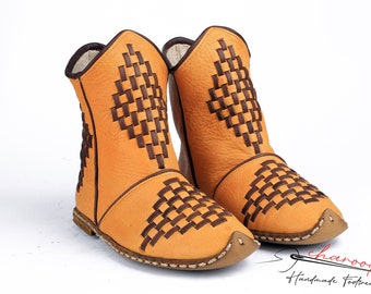 Unique Leather  Yellow , Patterned Natural Boots. Made to Order Traditional Anatolian Shoes, Handcrafted Authentic Boots. Folk Dance Shoes