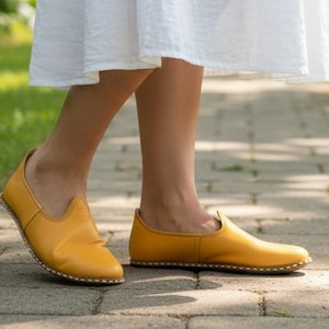 Heritage Women's Natural Leather Comfort House Shoes, Yellow Color, Flat Handmade  traditional Shoes,  Anatolian Slip Ons, Leather Loafer