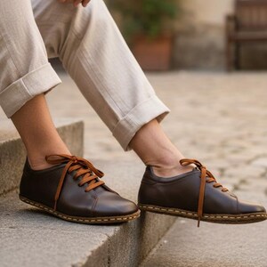Men's Genunie Leather Casual Wide Toe Box Dark Brown Lace-Up Shoes, Comfortable Stylish Barefoot Flat Shoes, Gift for Men, For Couples image 1