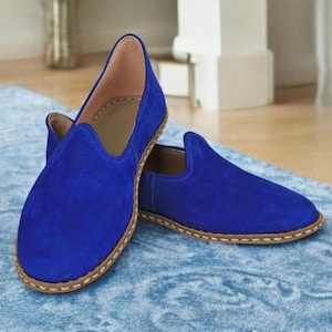 Heritage, Unisex Genuine Suede Leather Loafer, Blue Color Flat Authentic Breathable Flat Shoes, Zero Drop Stylish Slip Ons, House Shoes Gift