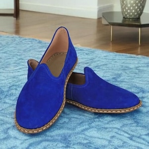 Men&#39;s Heritage, Flat Suede Blue Leather Comfort Shoes, Breathable Loafers, Authentic Genuine Leather Slip ons,  Turkish Shoes Gift for Men