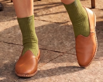 Türkische jemenitische Damenschuhe, hellbraune flache Naturleder Loafer, Reiseschuhe