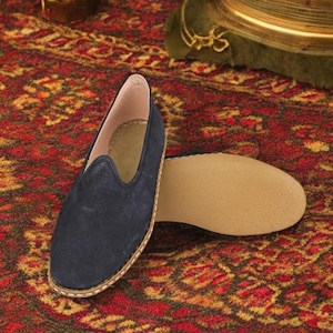 Heritage, Genuine Nubuck Navy Blue Leather Stylish Shoes, 100% Handcrafted Flat Slip-Ons, Authentic Loafer. Unisex Shoes Gift for Couples.
