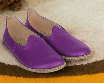 Women's Flat Wide Toe Box Violet Genuine Leather Comfy Shoes, Unique, Stylish Barefoot House Shoes, 100% Handcrafted, Made To Order Slip-Ons