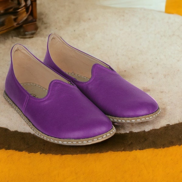 Women's Flat Wide Toe Box Violet Genuine Leather Comfy Shoes, Unique, Stylish Barefoot House Shoes, 100% Handcrafted, Made To Order Slip-Ons