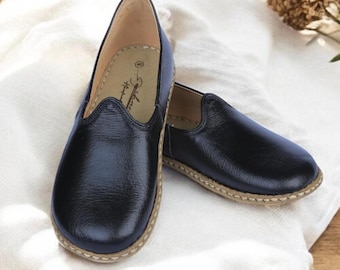Men&#39;s Horizon Wide Toe Box Shoes, Natural Leather, Authentic Comfy Shoes, Barefoot Flat Black Loafer, Traditional  Turkish Yemeni Shoes Gift