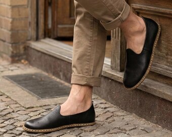 Men's Horizon Wide Toe Box Shoes, Natural Leather, Authentic Comfy Shoes, Barefoot Flat Black Loafer, Traditional  Turkish Yemeni Shoes Gift