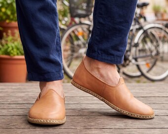 Men's Wide Toe Box  Tan Color All Leather Shoes, Barefoot Style Zero Drop Loafer