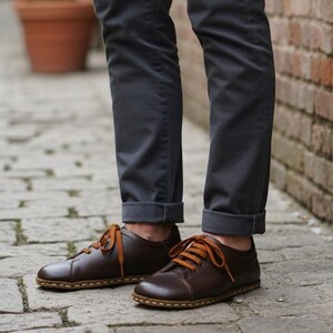 Men's Genunie Leather Casual Wide Toe Box Dark Brown Lace-Up Shoes, Comfortable Stylish Barefoot Flat Shoes, Gift for Men, For Couples image 2