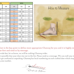 May include: A chart showing shoe size conversions for women and men in US, EU, and UK sizes. The chart is on a light brown background with green and blue borders. The text "How to Measure" is at the top of the chart, with illustrations showing how to measure your foot.